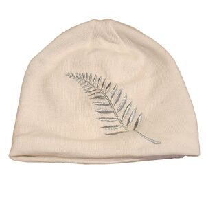 Women's Cream Embroidered Silver Fern Leaf Fleece Lined Beanie New Zealand Kiwi